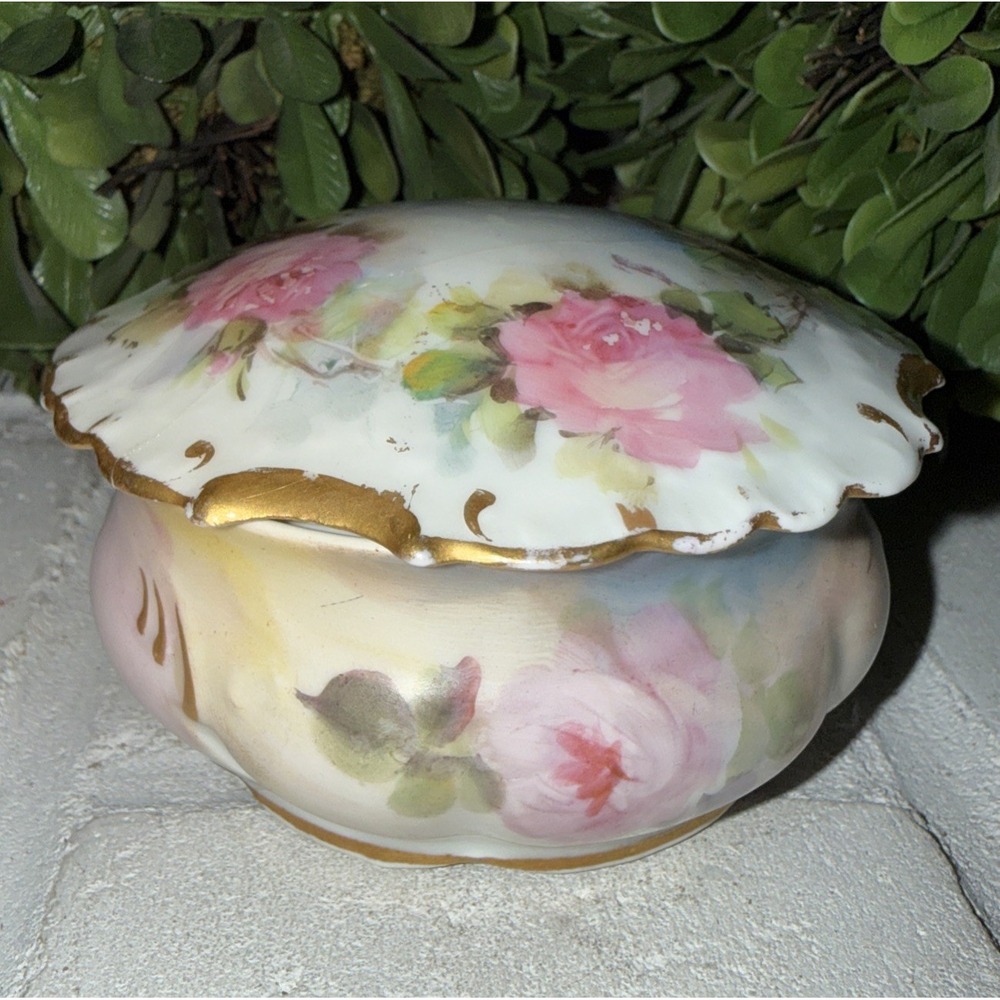 Jean Pouyat Limoges France Floral Vintage Porcelain Trinket Box Powder Jar